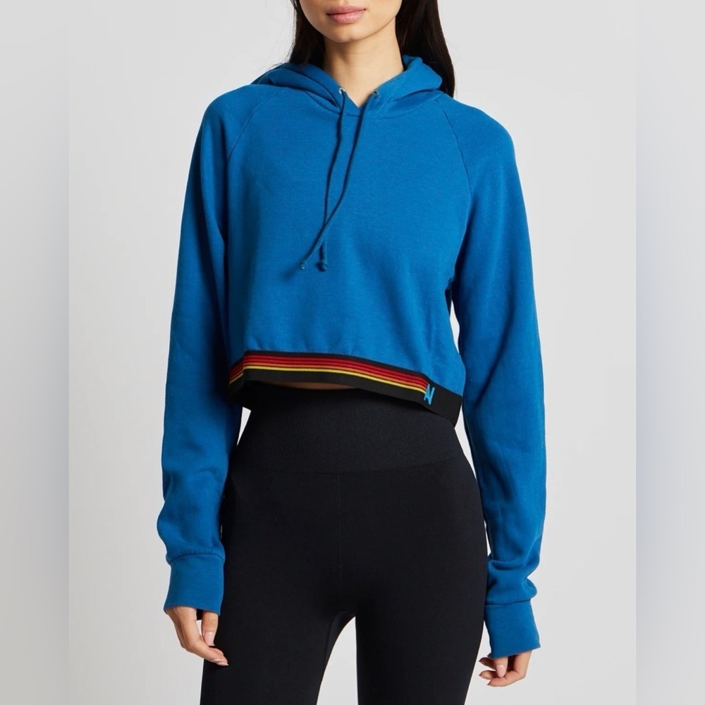 Aviator Nation Logo Stripe Crop Hoodie Caribean Blue Size XS